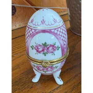 Vintage Pink and White Rose and Gold Ceramic Egg Trinket Box